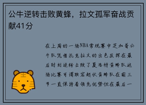 公牛逆转击败黄蜂，拉文孤军奋战贡献41分